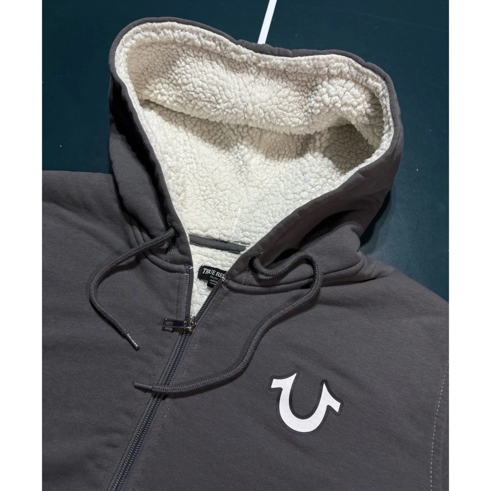 True Religion Buddha Sherpa Lined Full Zip Hoodie Sweatshirt Men's Large Gray - Picture 5 of 13